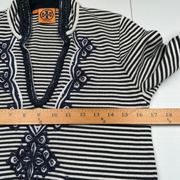 Tory Burch Sweater Womens Medium Navy Striped Embroidered Nautical Coastal Tunic - Picture 15 of 16